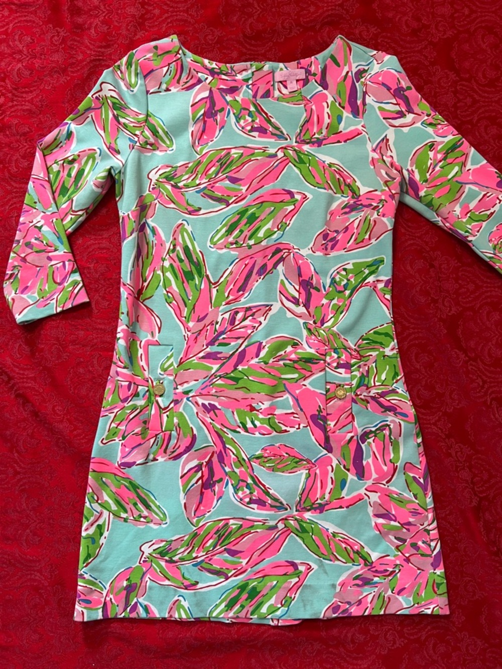 Lilly Pulitzer Leaf Print Shift Dress Pink Green Aqua Women’s Size 6